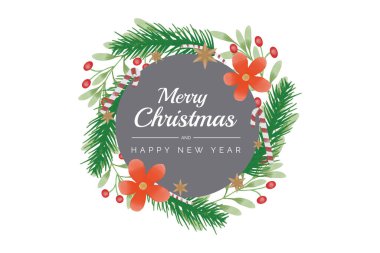 Suluboya Noel ve yeni yıl çelengi çiçekli çerçeve ve arkaplan vektörü Noel yaprağı, noel süsleri ve Noel elementleriyle birlikte premium
