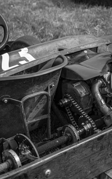 Tiro Panning Kart Corrida Como Ele Circuitos Uma Pista — Fotografia de Stock