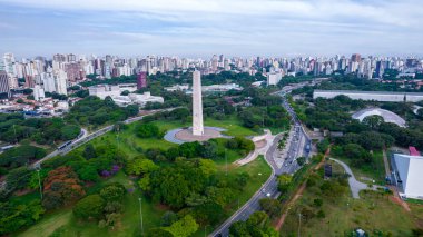 Aerial view of Ibirapuera Park in So Paulo, SP. Residential buildings around. Lake in Ibirapuera Park.