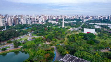 Aerial view of Ibirapuera Park in So Paulo, SP. Residential buildings around. Lake in Ibirapuera Park.