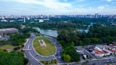 Aerial view of Ibirapuera Park in So Paulo, SP. Residential buildings around. Lake in Ibirapuera Park.