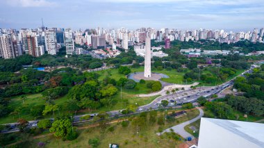 Aerial view of Ibirapuera Park in So Paulo, SP. Residential buildings around. Lake in Ibirapuera Park.