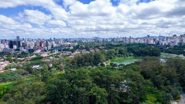 Sao Paulo, SP 'deki Ibirapuera Parkı' nın havadan görüntüsü. Çevredeki yerleşim yerleri. Ibirapuera Parkı 'ndaki göl.