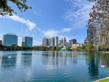 Orlando, Florida şehir merkezindeki Eola Gölü Parkı. Arka planda büyük ticari binalar.