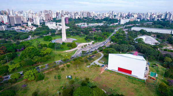 Aerial view of Ibirapuera Park in So Paulo, SP. Residential buildings around. Lake in Ibirapuera Park.