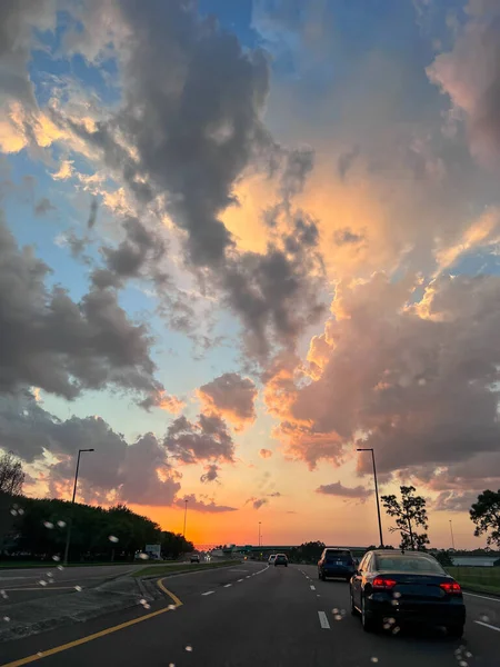 Puesta Sol Naranja Avenida Orlando Florida —  Fotos de Stock