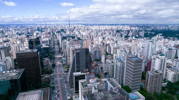 Aerial view of Av. Paulista in Sao Paulo, SP. Main avenue of the capital. With many radio antennas, commercial and residential buildings. Aerial view of the great city of Sao Paulo.