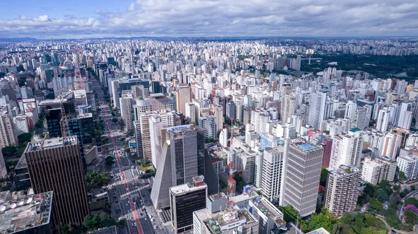 Aerial view of Av. Paulista in Sao Paulo, SP. Main avenue of the capital. With many radio antennas, commercial and residential buildings. Aerial view of the great city of Sao Paulo.