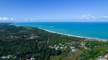 Aerial view of Trancoso, Porto Seguro, Bahia, Brazil. Small chapel in the historic center of Trancoso, called Quadrado. With the sea in the background.