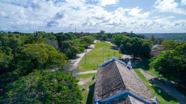 Aerial view of Trancoso, Porto Seguro, Bahia, Brazil. Small chapel in the historic center of Trancoso, called Quadrado. With the sea in the background.