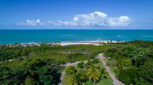 Aerial view of Trancoso, Porto Seguro, Bahia, Brazil. Small chapel in the historic center of Trancoso, called Quadrado. With the sea in the background.