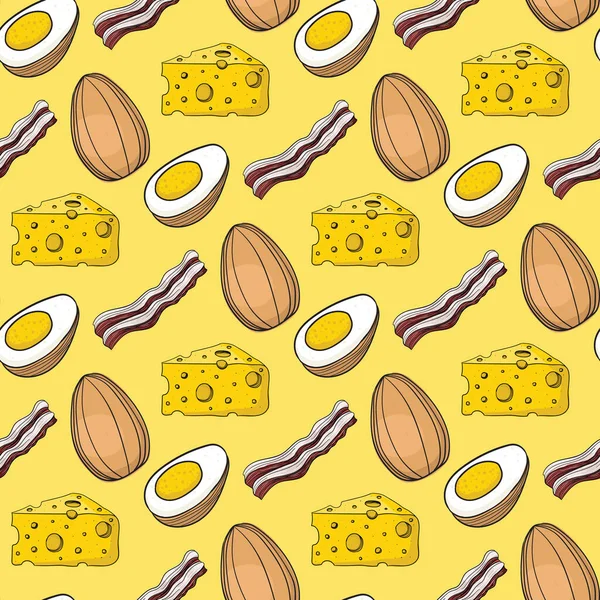 Sarı arka planda el yapımı yumurta, peynir ve pastırma.. — Stok Vektör