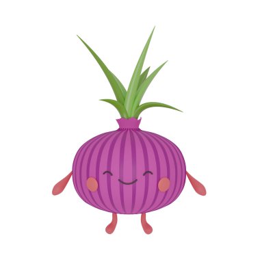 Çizgi film tarzında şirin bir soğanın 3 boyutlu çizimi. Kawaii tarzı. Beyaz arkaplanda tek bir nesne.