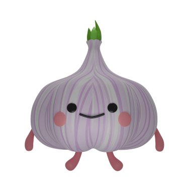 Çizgi film tarzında sevimli bir sarımsağın üç boyutlu çizimi. Kawaii tarzı. Beyaz arkaplanda tek bir nesne.