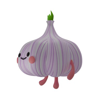 Çizgi film tarzında sevimli bir sarımsağın üç boyutlu çizimi. Kawaii tarzı. Beyaz arkaplanda tek bir nesne.