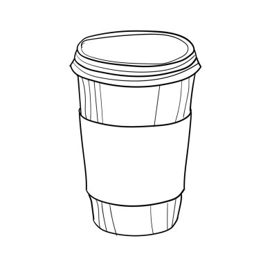 Plastik kahve fincanının elle çizilmiş vektör çizimi. Beyaz arkaplanda doldurulmamış siyah devre ile