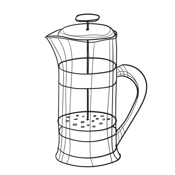 Handgezeichnete Vektorillustration der Kaffeepresse. Mit schwarzer Schaltung ohne Füllung auf weißem Hintergrund — Stockvektor