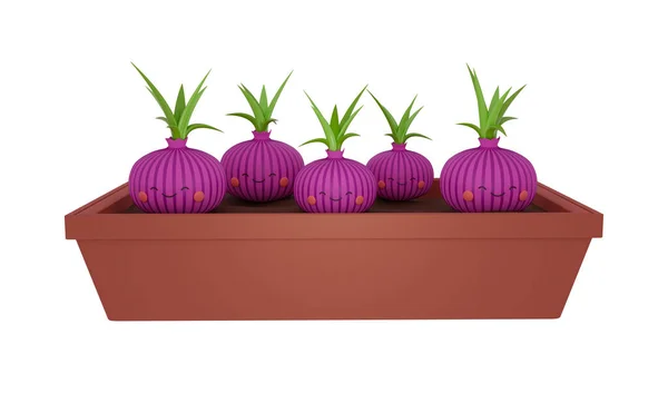 Niedliche Zwiebeln in einer Schachtel im Cartoon-Stil. 3D-Darstellung. — Stockfoto