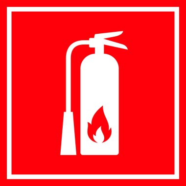 Yangın söndürücü, yangın söndürücü. Vektör kırmızı sembol. İzole edilmiş yangın koruması, tehlike, söndürme çıkartması..