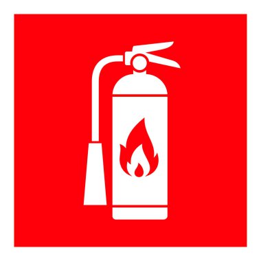 Yangın söndürücü, yangın söndürücü. Vektör kırmızı sembol. İzole edilmiş yangın koruması, tehlike, söndürme çıkartması..