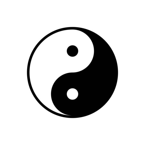Black and white yin yang, circle. The symbol of opposite properties. Day and night. Isolated vector illustration on black and white background.