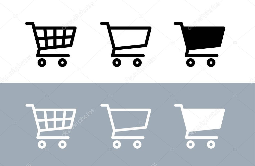 Shopping cart icons set. Supermarket shopping basket design. Food cart. Purchase symbol. Isolated vector image on white background.