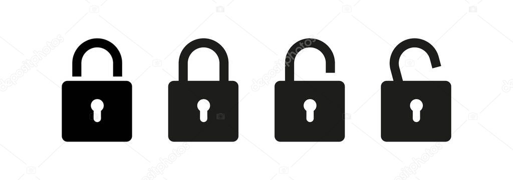 Lock icon. Lock and unlock icons set. Padlock open and closed. Protection symbol. Isolated vector pictogram on white background.