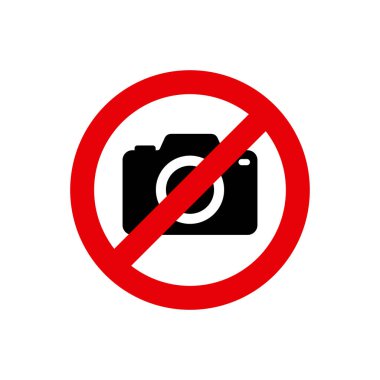 Fotoğrafçılığı yasaklayan bir imza. Kamera simgesi. Fotoğraf çekemezsin. Kırmızı çizgili yuvarlak çıkartma ve çapraz kırmızı çizgi. Beyaz arkaplanda izole vektör illüstrasyonu.