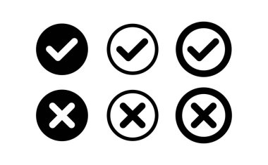 Çemberde işaretleme simgeleri kümesi. İşaretle ve çapraz. Kene işaretleri: Kabul edildi, onaylandı, evet, doğru, tamam, doğru seçimler, görev tamamlama, oylama. Test soru sembolü. Beyaz arkaplanda izole vektör illüstrasyonu.