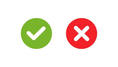 Çemberde işaretleme simgeleri kümesi. Yeşil ve kırmızı olarak işaretle ve çapraz yap. Kene işaretleri: Kabul edildi, onaylandı, evet, doğru, tamam, doğru seçimler, görev tamamlama, oylama. Test soru sembolü. Beyaz arkaplanda izole vektör illüstrasyonu.