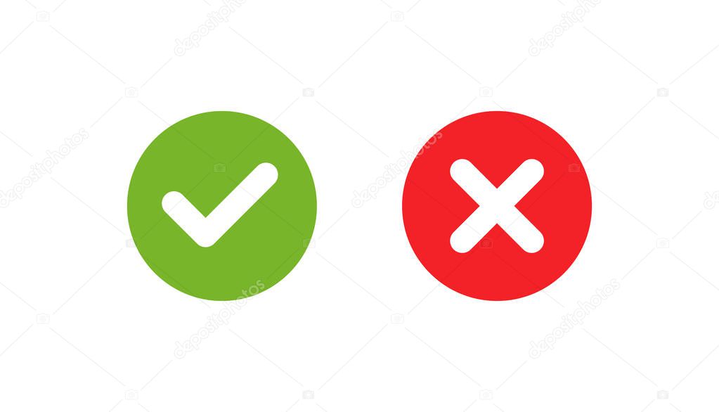Set of check marks icons in a circle. Checkmark and cross in green and red. Tick marks: Accepted, Approved, Yes, Correct, Ok, Right Choices, Task Completion, Voting. Test question symbol. Isolated vector illustration on white background.