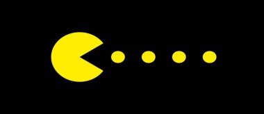Pac-Man simgesi. Japon Pac Man oyununun sembolü. Siyah arkaplanda izole vektör çizimi.
