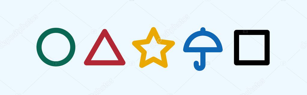 Squid game, set of colored symbols. Signs: circle, triangle, square, star and umbrella. Isolated vector illustration on a blue background