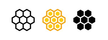 Bal peteği simgeleri ayarlandı. Arı, bal ve balmumu sembolü. Altıgen şekil. Beyaz arkaplanda izole vektör illüstrasyonu.