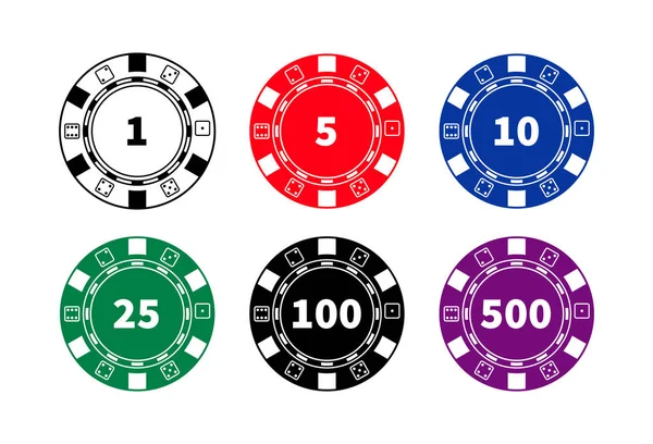 Kumarhane fişleri koleksiyonu, farklı renkler ve mezhepler. Kumar fişleri (poker, rulet). Beyaz arkaplanda izole vektör illüstrasyonu.