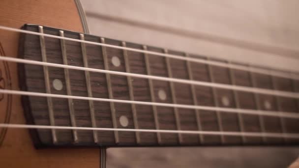 Ukelele gitaar close-up. Een panorama. Langzame beweging — Stockvideo