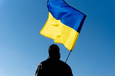 Genç adam Ukrayna bayrağını sahada tutuyor. Vatansever