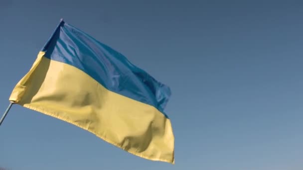 Ukrán zászló egy zászlórúdon. kék ég háttér. — Stock videók