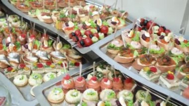 Catering banquet table with snack in restaurant or hotel. Catering service, business buffet, food set in event corporate
