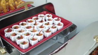 Catering banquet table with snack in restaurant or hotel. Catering service, business buffet, food set in event corporate