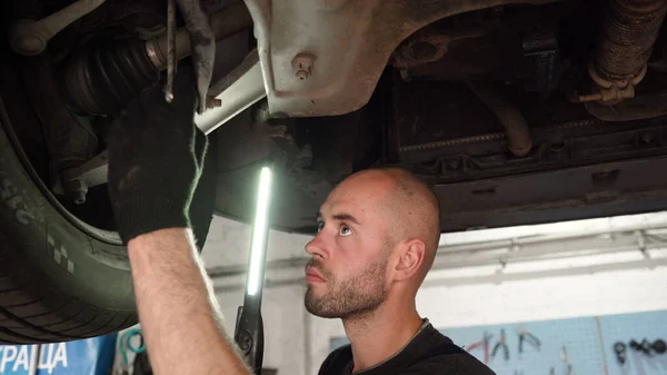 Car diagnostics. an auto mechanic inspects a car. auto repair shop. breaking