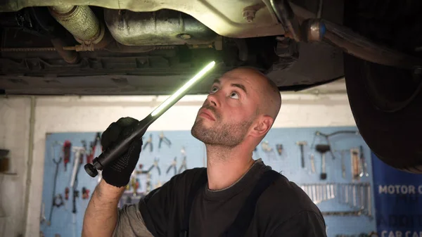 Car diagnostics. an auto mechanic inspects a car. auto repair shop. breaking