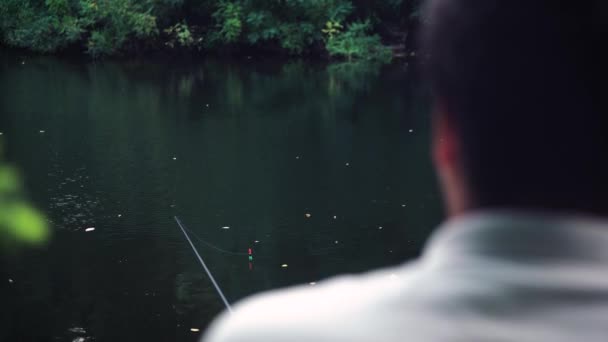 Egy Férfi Horgászik Egy Úszó Bottal Táj Taván Halcsali — Stock videók