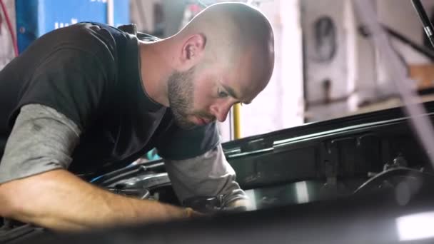 自動車整備士は自動車エンジンを修理する 自動修理ステーション — ストック動画