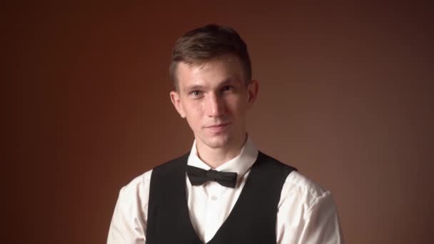 Portrait Young Happy Caucasian Male Waiter Smiling Close — Stock Video