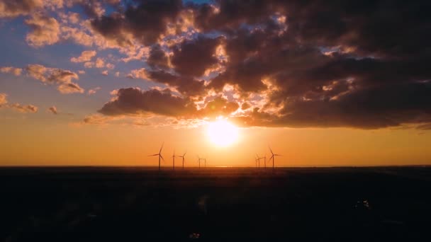 Renewable Energy Wind Power Plant Works Field Sea Shore Sunset — Stock Video