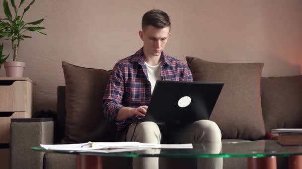 Young Man Doing Distance Learning Home Using Computer Coronavirus Isolation — Stock Video