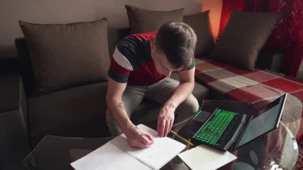 Hombre Joven Sentado Sofá Con Ordenador Portátil Trabajando Desde Concepto — Vídeo de stock