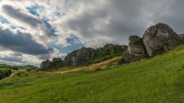 Jurassic valley with vast limestone rock outcrops in Olsztyn near Czestochowa, Silesian Voivodeship, Poland.