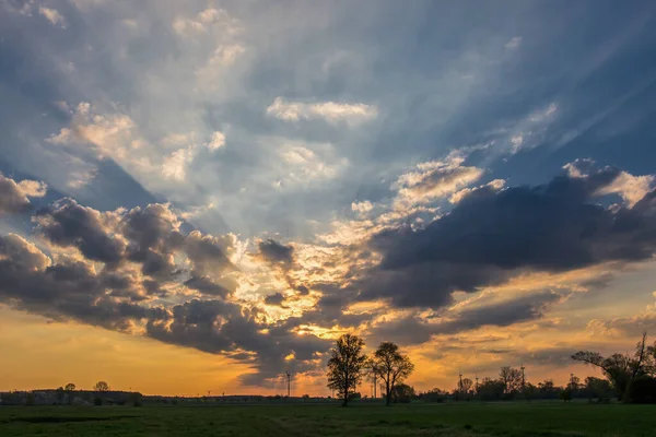 Beautiful Spring Sunrise Dramatic Sky Windmils Silhouetted Horizon — Stock Fotó